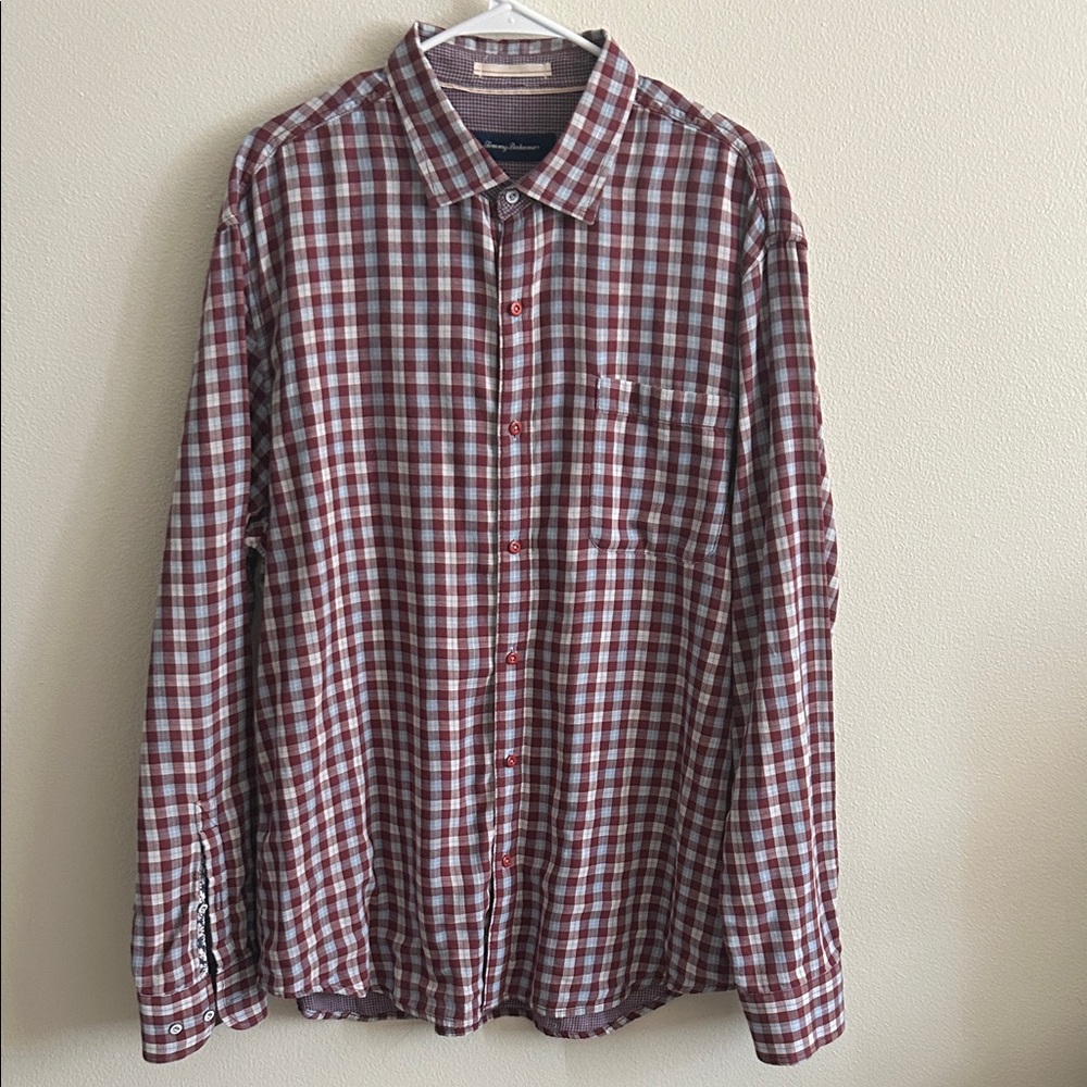 Tommy Bahama Red/Blue Check Premium Soft Cotton Button Down Plaid Shirt: XL